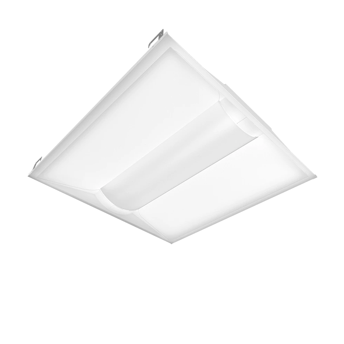 White rectangular LED ceiling light fixture with a smooth diffuser and slightly curved edges against a white background