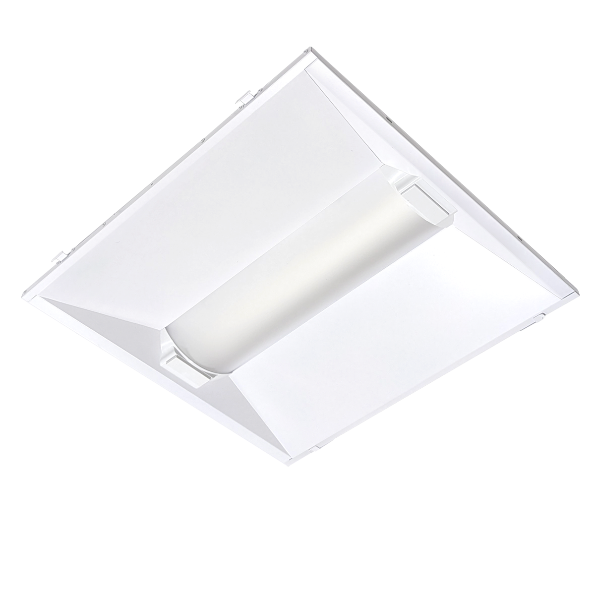 White recessed ceiling light fixture with a rectangular light diffuser and a square frame design