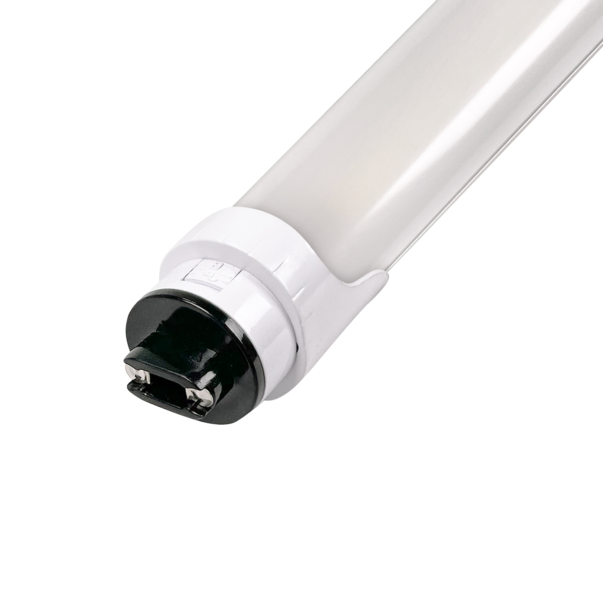 Close-up of a white LED tube light with a black and white connector end against a plain background