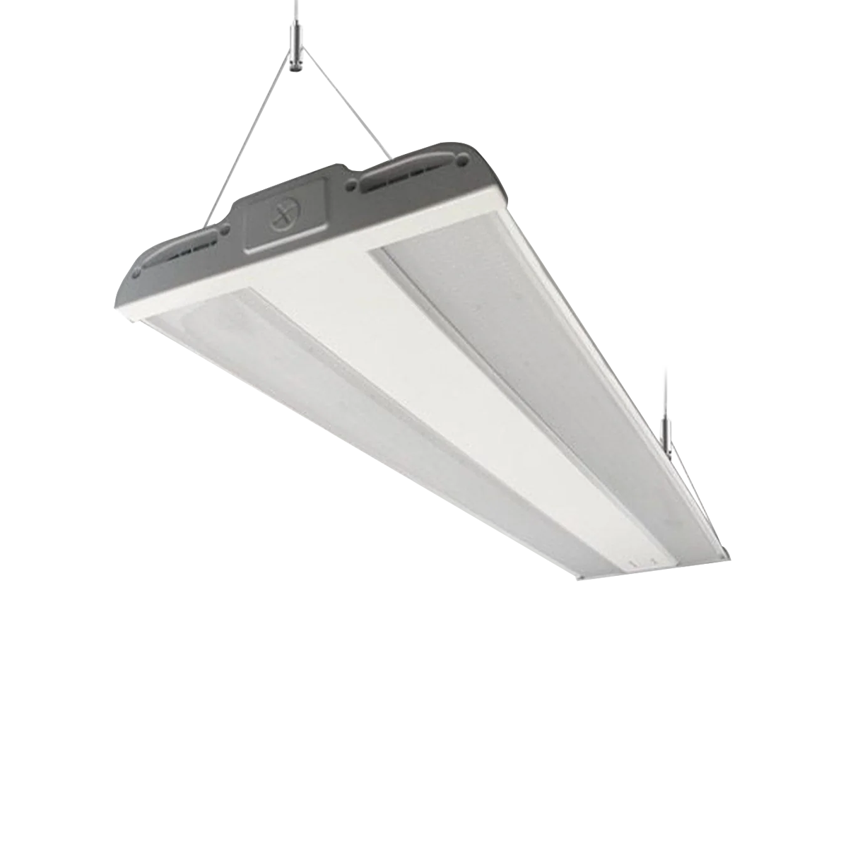 480W LED Linear High Bay Panel suspended, showcasing its sleek design and efficient high-output lighting for large spaces