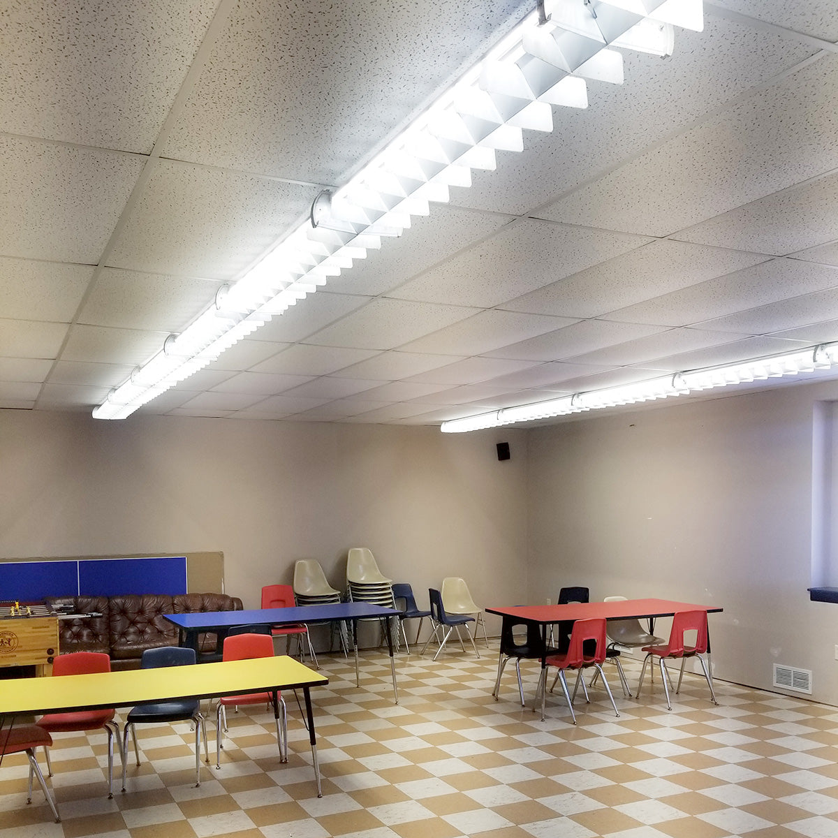 Classroom lit by bright 4ft LED Tube 5000K 24W Type B fixtures installed in ceiling panels