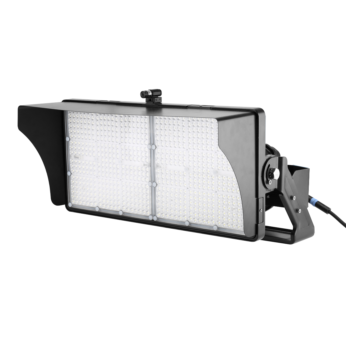 600W LED stadium flood light from ELEDLights, with light output of 92,000 lumens. Glare shield and aiming sight, both included with the light, are shown.