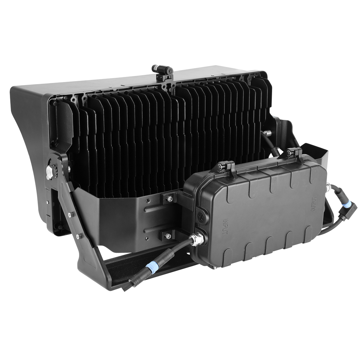From behind, you can see the cooling fins and power driver box of this 600W LED stadium light from ELEDLights. The fixture is powder-coated in black.