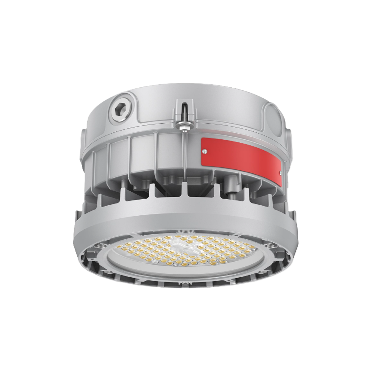 High-bay industrial light fixture with a red accent on a white background
