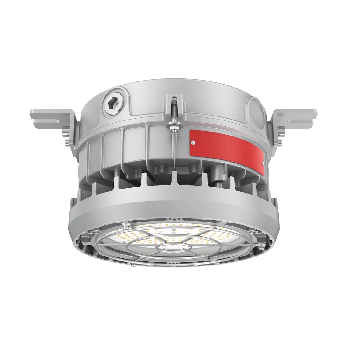 A circular industrial LED light fixture with a silver aluminum housing, mounting tabs on the sides, and a red accent strip on the side, shown against a plain white background.