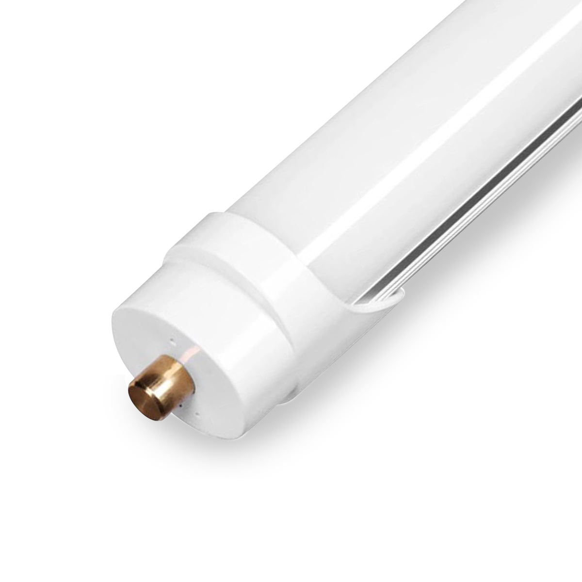 Close-up of a white fluorescent tube light with a metal pin connector on one end against a transparent background