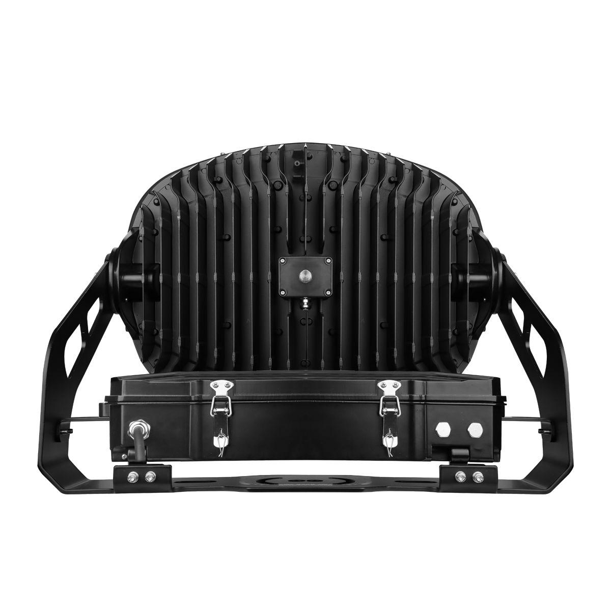 Back view of the LED sports and stadium light from ELEDLights. Cooling fins cover the entire back side of the light module. The remote driver box is visible here, mounted on the fixture's yoke bracket.