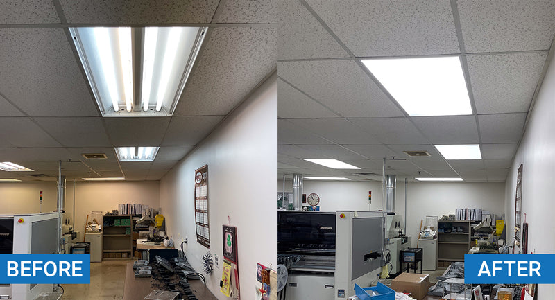 Side-by-side comparison of an office ceiling before and after replacing fluorescent lights with bright LED panel lights.