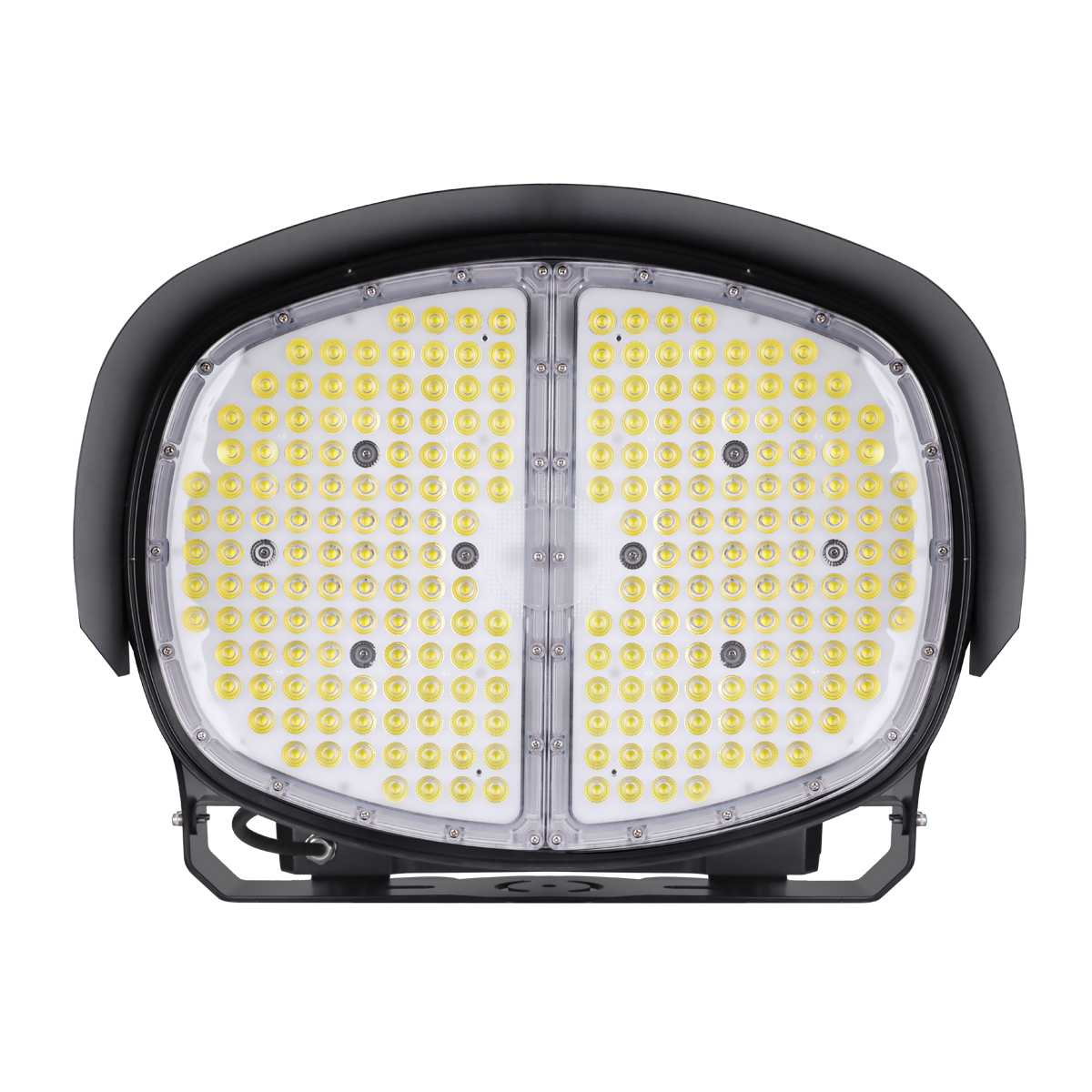 Front view of the LED sports and stadium light with remote driver from ELEDLights. The round light consists of two high-efficiency light modules in one fixture.