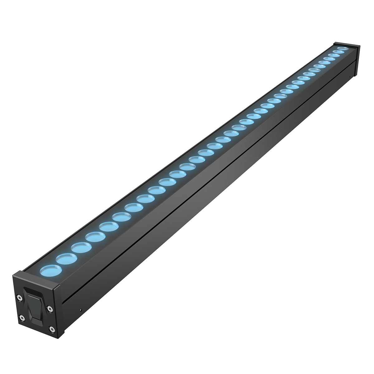 Black linear facade lighting fixture with blue LED light.