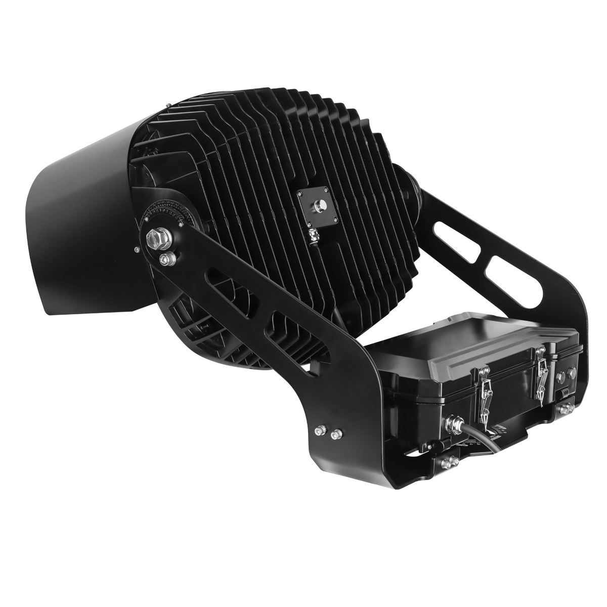 The LED sports and stadium light with remote driver box includes a yoke mount, seen here. This angled rear view also shows off the lights' heat-dissipating fins and the compact driver box, which can be removed from the fixture and installed on the light pole or a distribution box.