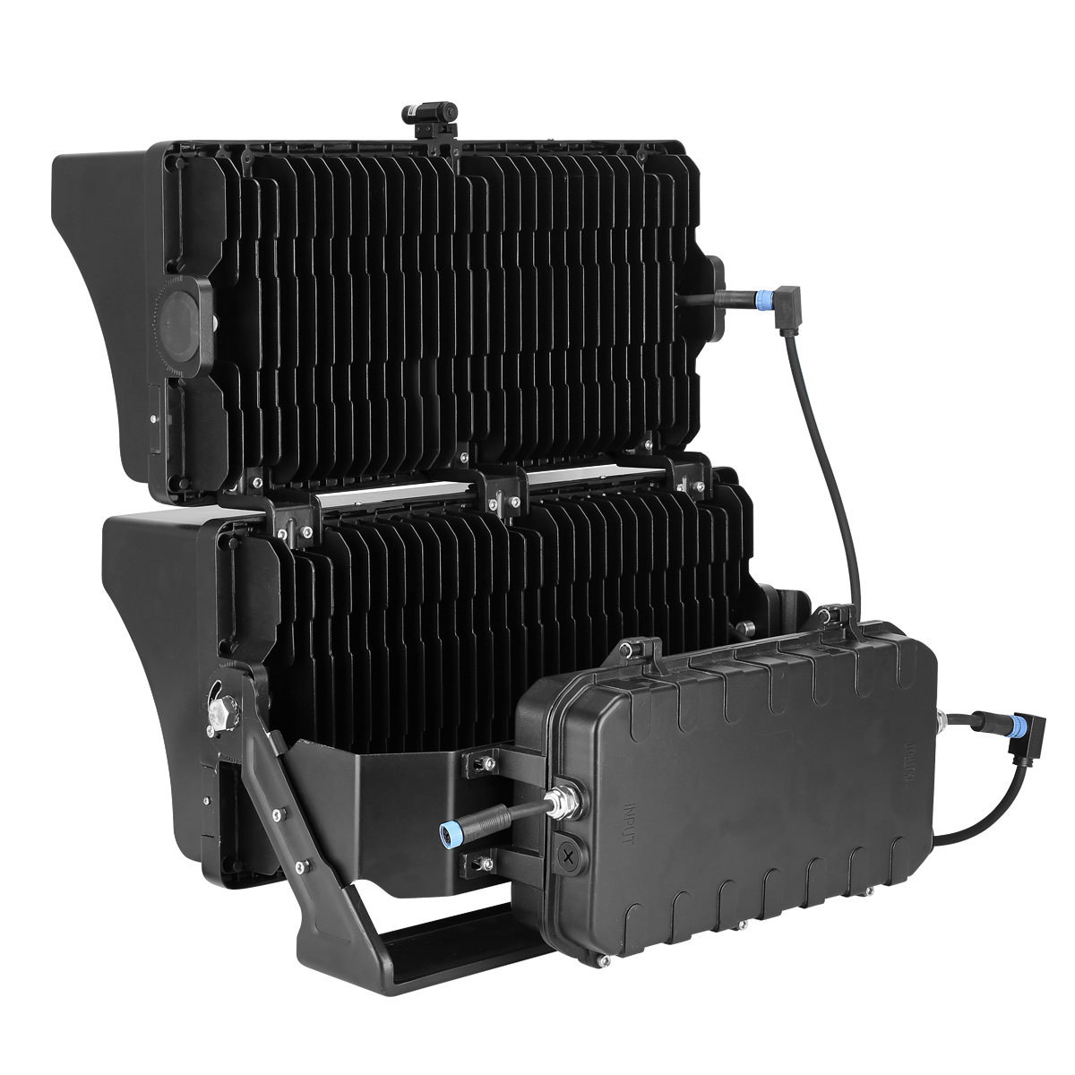 The 850W LED stadium light from ELEDLights features two modules stacked on top of each other. From this back view, you can see the cooling fins of the light fixture and the power driver box. The 1200W LED stadium light is the same size and appearance.