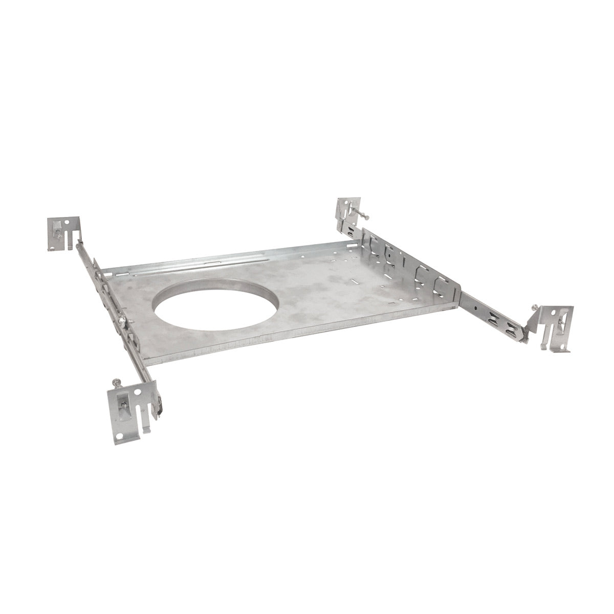 4 inch new construction frame-in for Nora Quartz downlights with adjustable metal brackets and central mounting hole