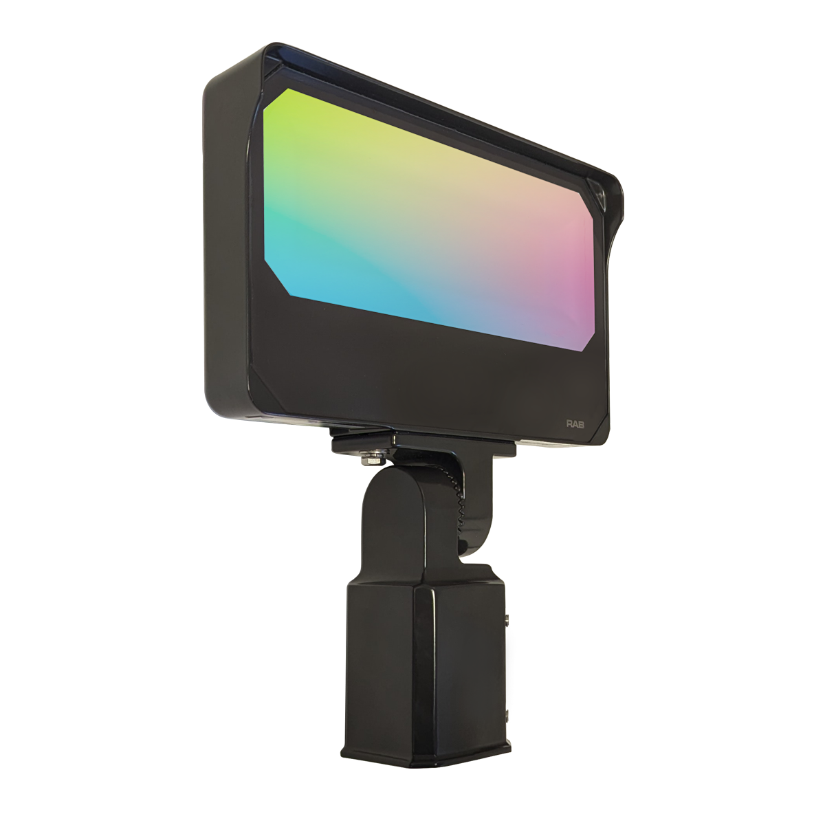 LED Flood Light RGBW 160W RAB X34 with sleek black housing and colorful lit panel for large space lighting applications