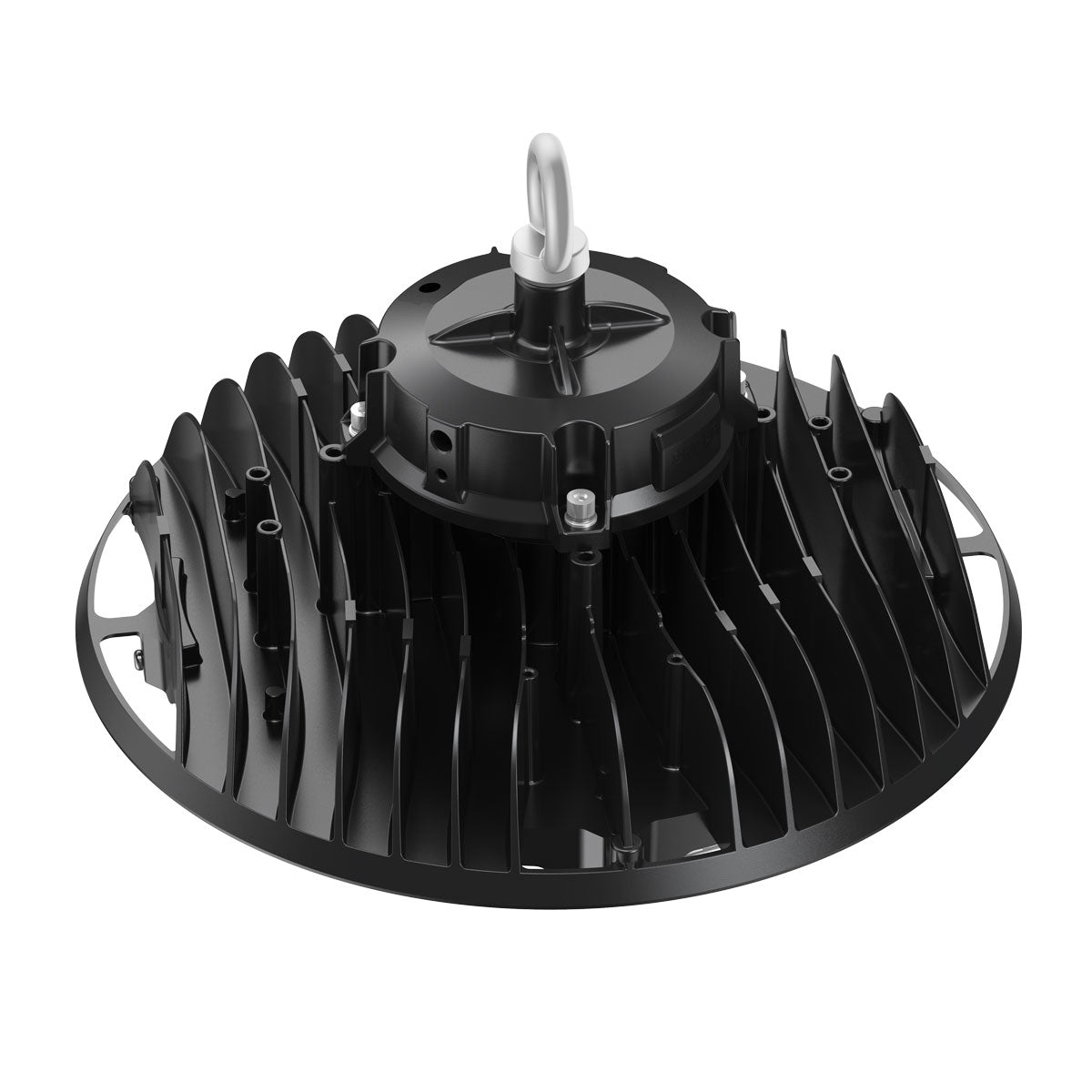 UFO LED High Bay 2 CCT with adjustable beam angles and wattage featuring a black heat sink design and hanging hook