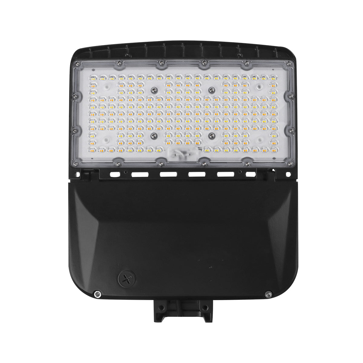 LED Shoebox Area Light 3 CCT 150 120 100 80W front view with multiple LEDs and black casing