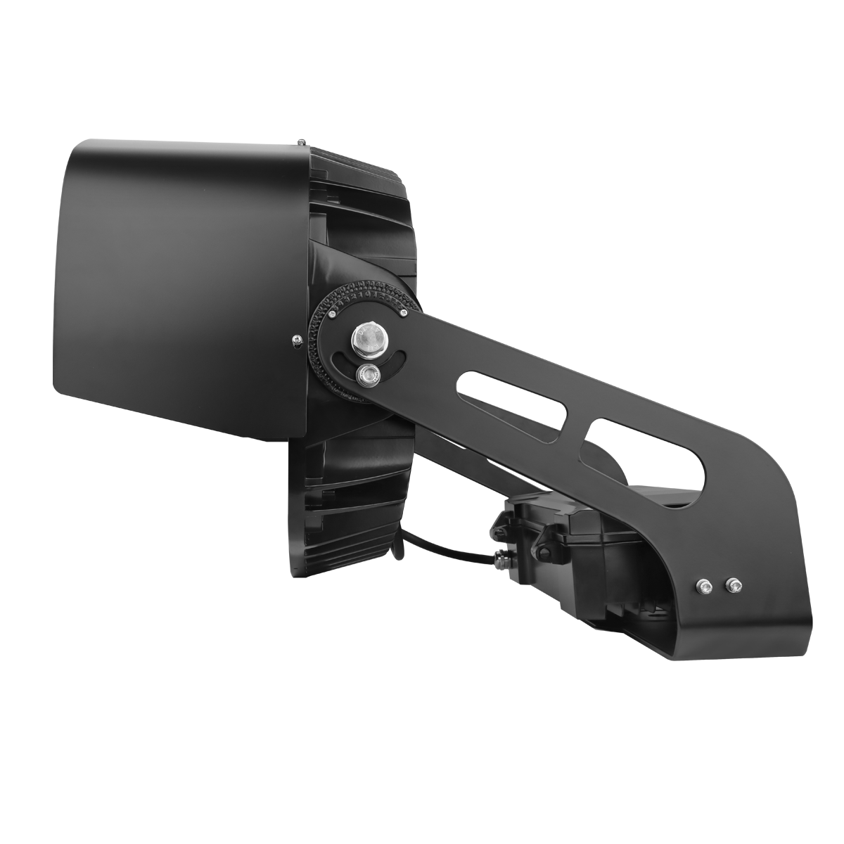 Side view of the LED sports and stadium light from LED Lights. The glare shield is prominent in this image, as is the included yoke mount bracket.