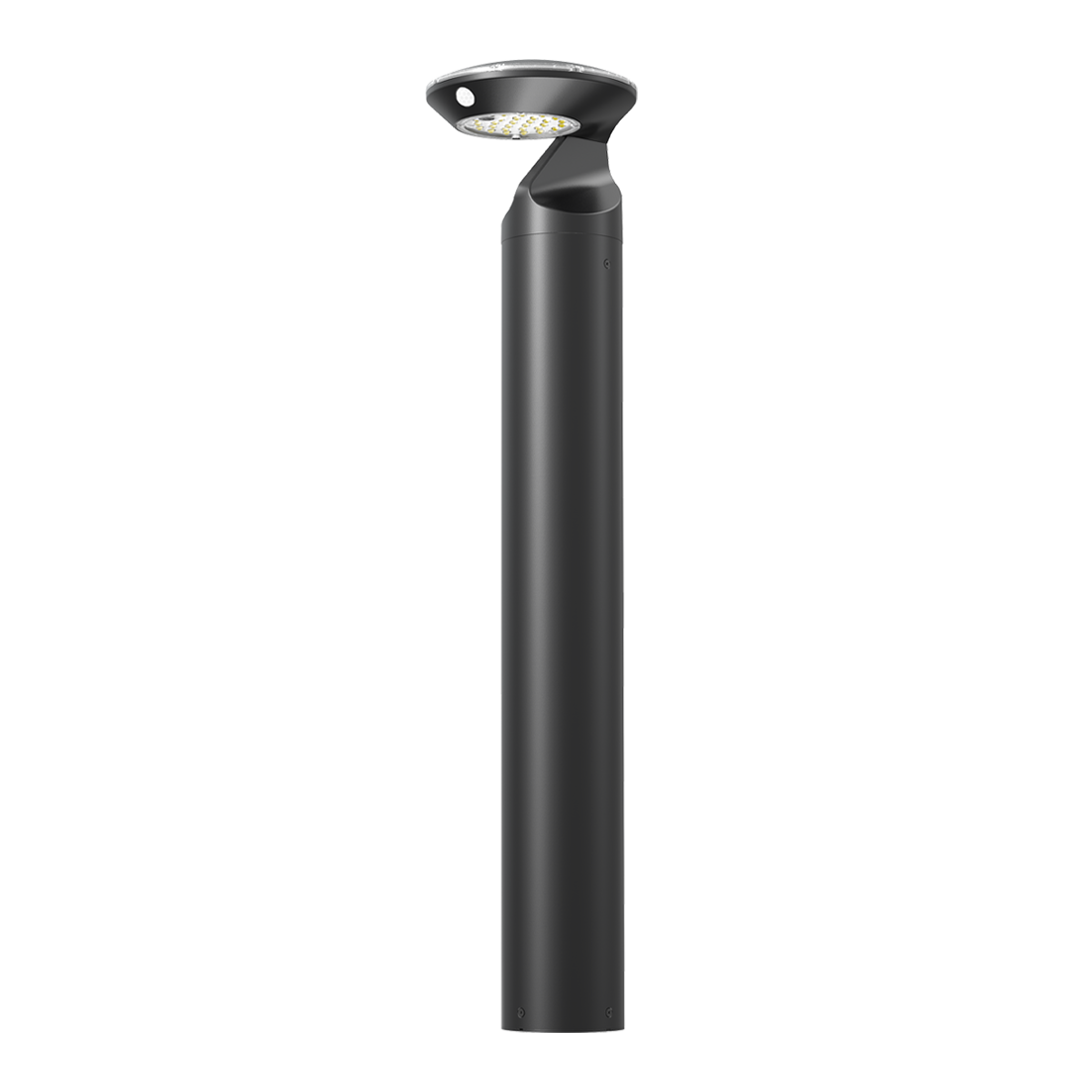 Black solar bollard light viewed from the front with LED board and motion sensor visible