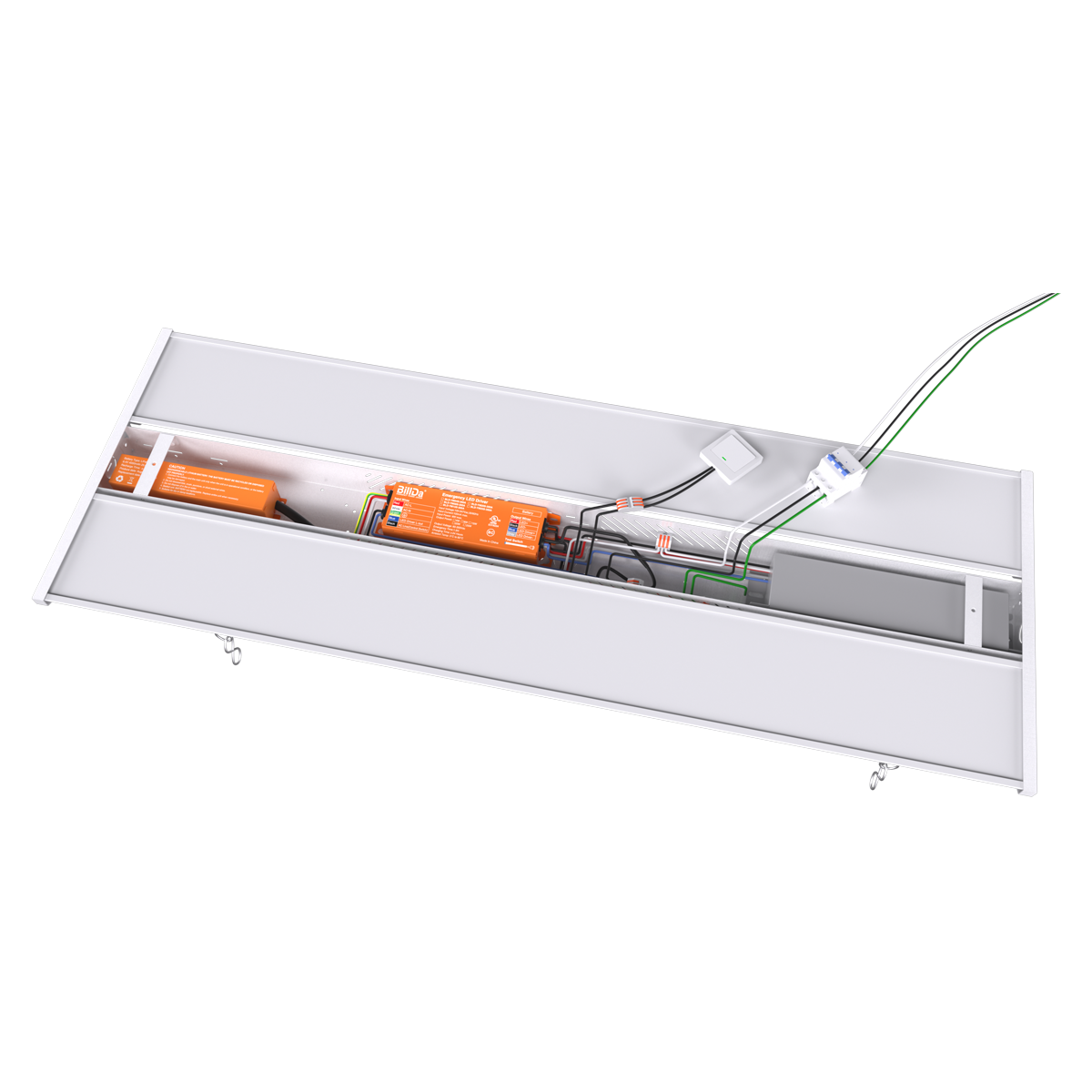 Emergency light fixture installed in an LED linear high bay