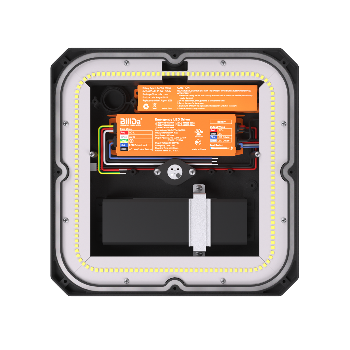 Emergency driver installed in an LED canopy light fixture.