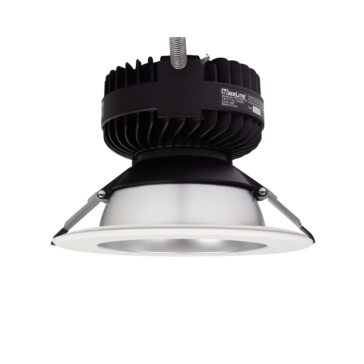 Black and white LED recessed light fixture with cooling fins and mounting brackets isolated on white background