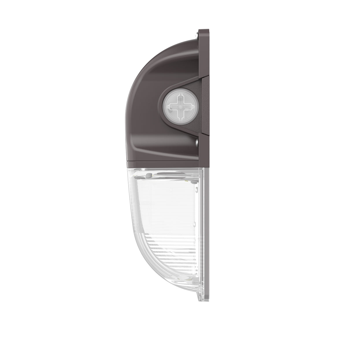 Side view of Mini LED Wall Pack w Photocell showing compact design with clear lower lens and dark upper housing