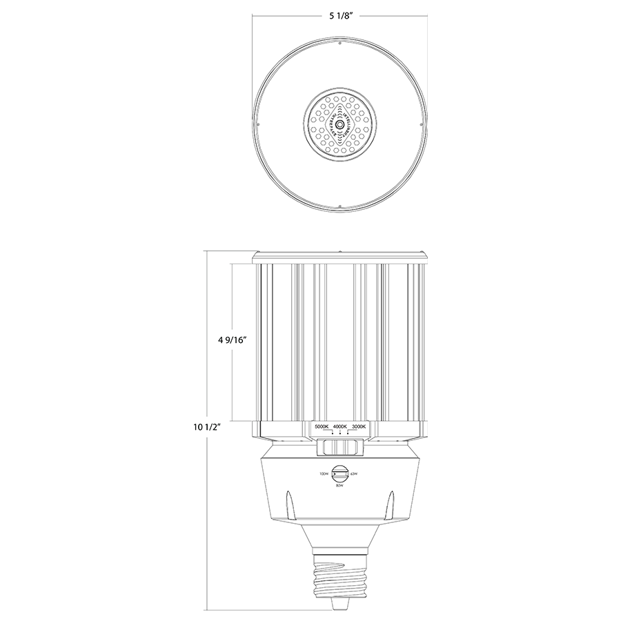 RAB LED HID Replacement Lamp - 63W/80W/100W - Wattage Selectable - 3000K/4000K/5000K CCT Selectable - Replaces 250W/320W/400W Metal Halide - EX39 Base