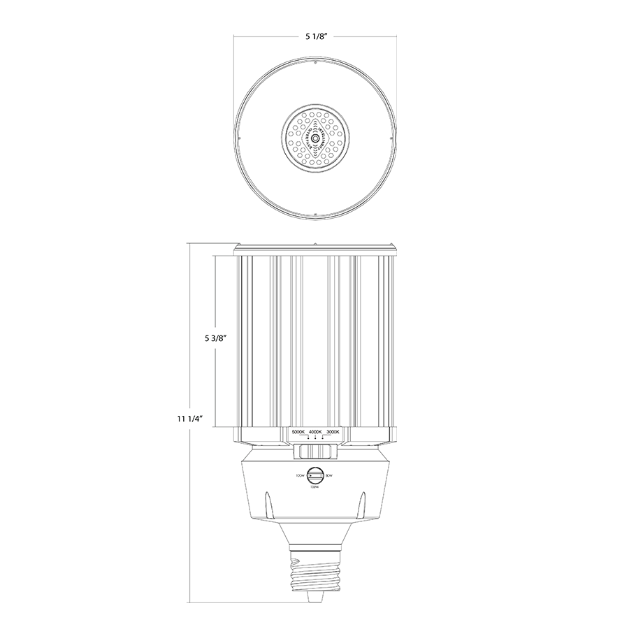 RAB LED HID Replacement Lamp - 80W/100W/120W - Wattage Selectable - 3000K/4000K/5000K CCT Selectable - Replaces 320W/400W/600W Metal Halide - EX39 Base