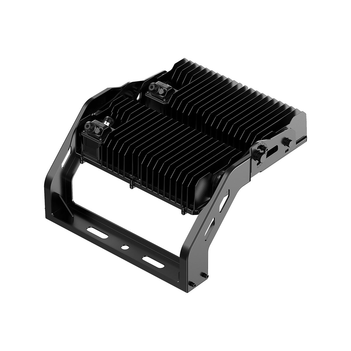 Sleek black LED High Mast Light with adjustable bracket and heat sink fins for efficient large-area illumination