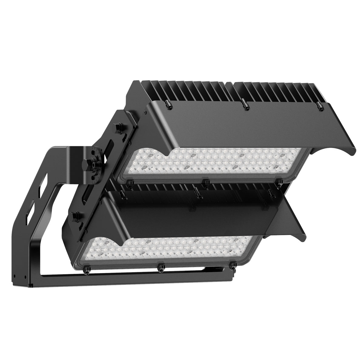 LED High Mast Flood Light 1200/960/800W with adjustable dual modules and rugged cooling fins for durable outdoor use