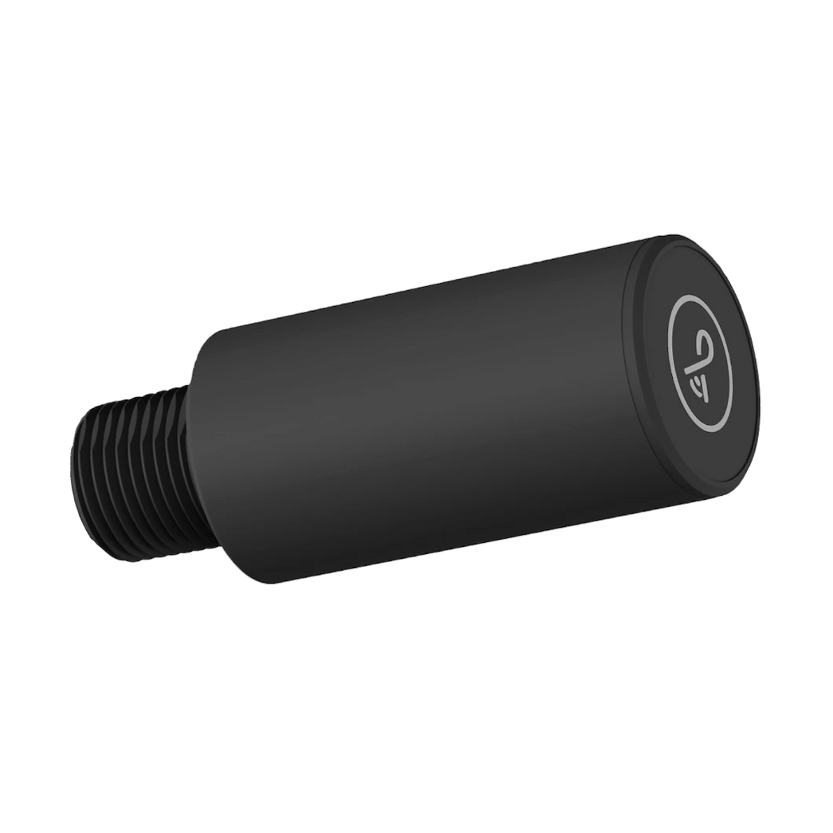 A black cylindrical threaded component with a matte finish and a white circular logo on the end cap, shown on a plain white background.