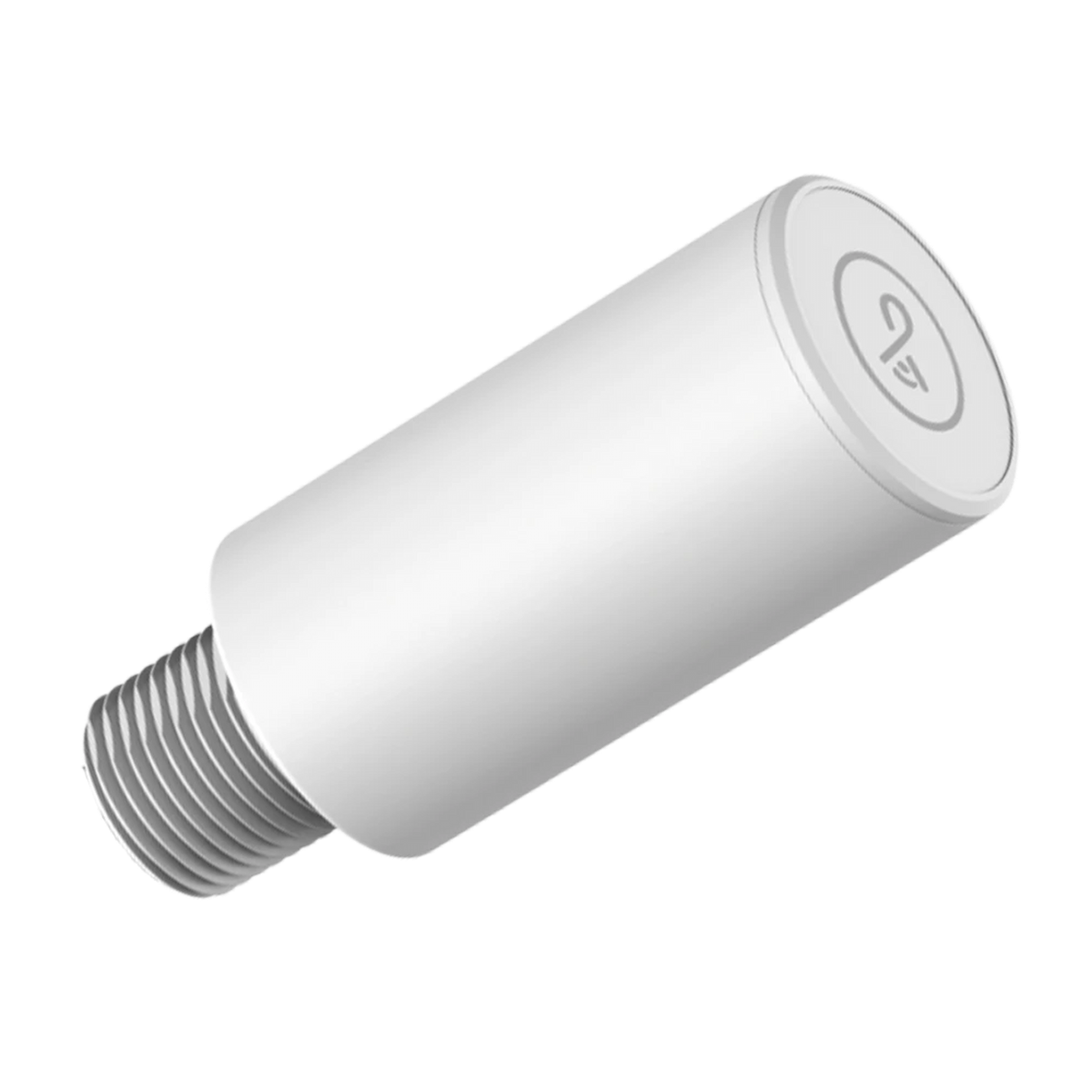 A white cylindrical threaded component with a flat top cap featuring a circular logo, shown on a plain white background.