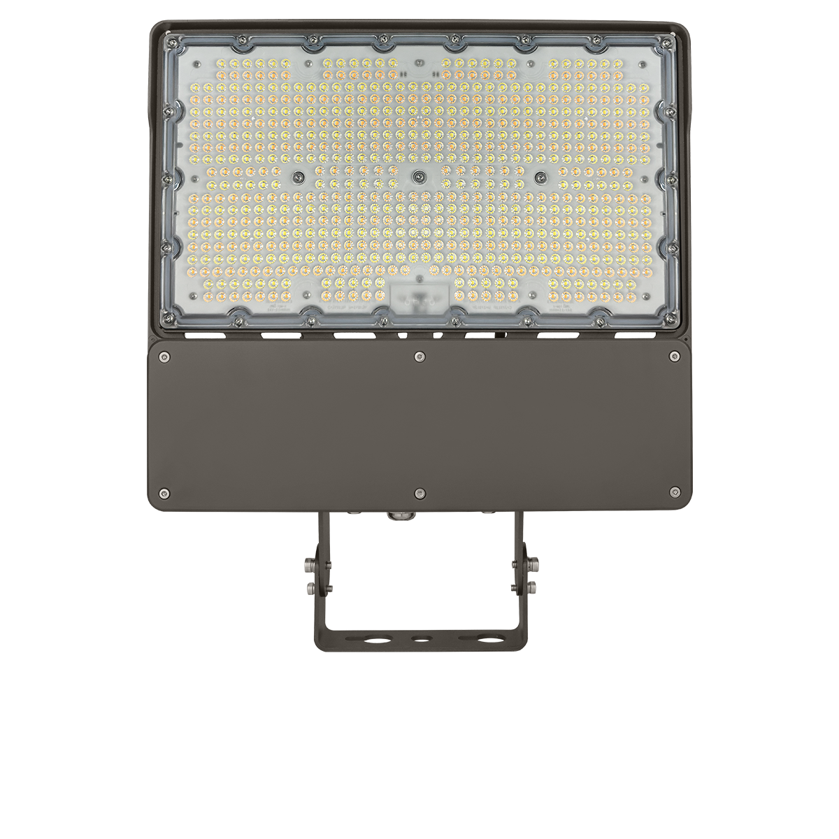 Front view of LED Flood Light 3 CCT 250/200/150/125W LED Living FL06 with multiple LED bulbs and mounting bracket