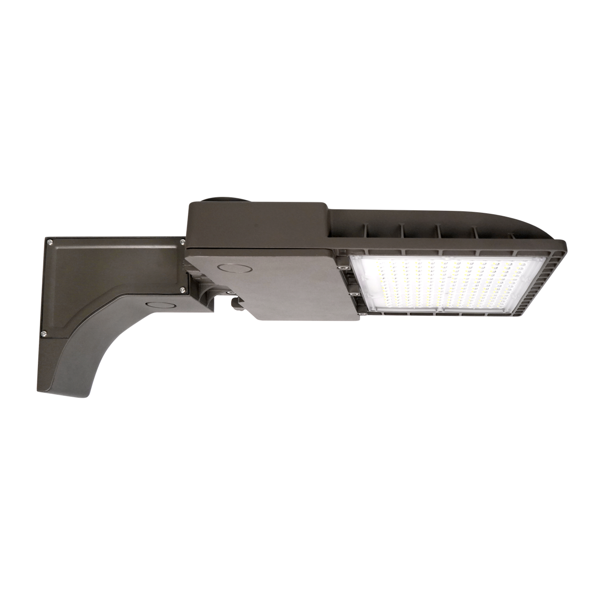 Side view of LED Shoebox Area Light 250W outdoor fixture with mounting bracket and LED panel visible