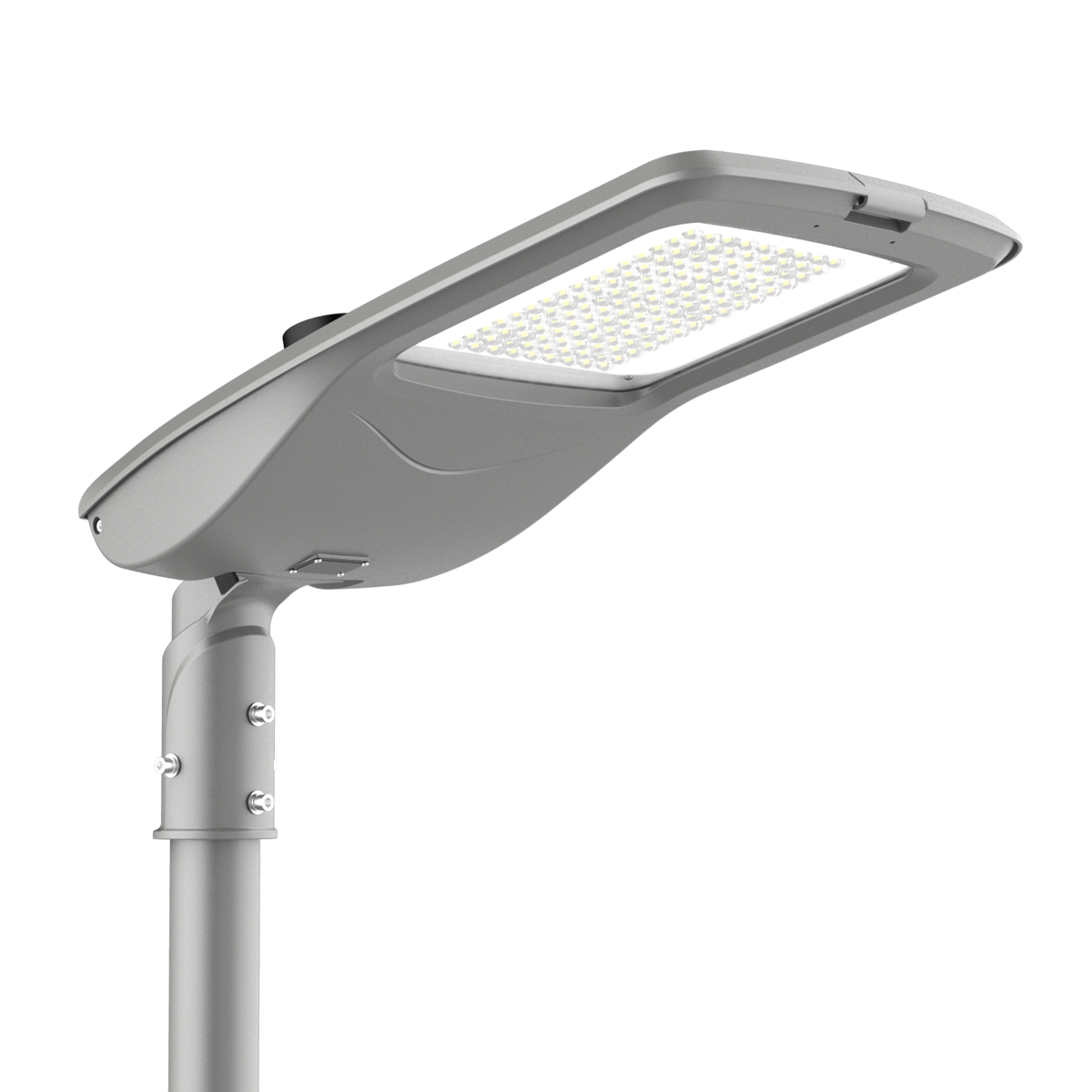 LED Street Light 150W with shatter-resistant lens mounted on adjustable bracket for bright street and parking lighting