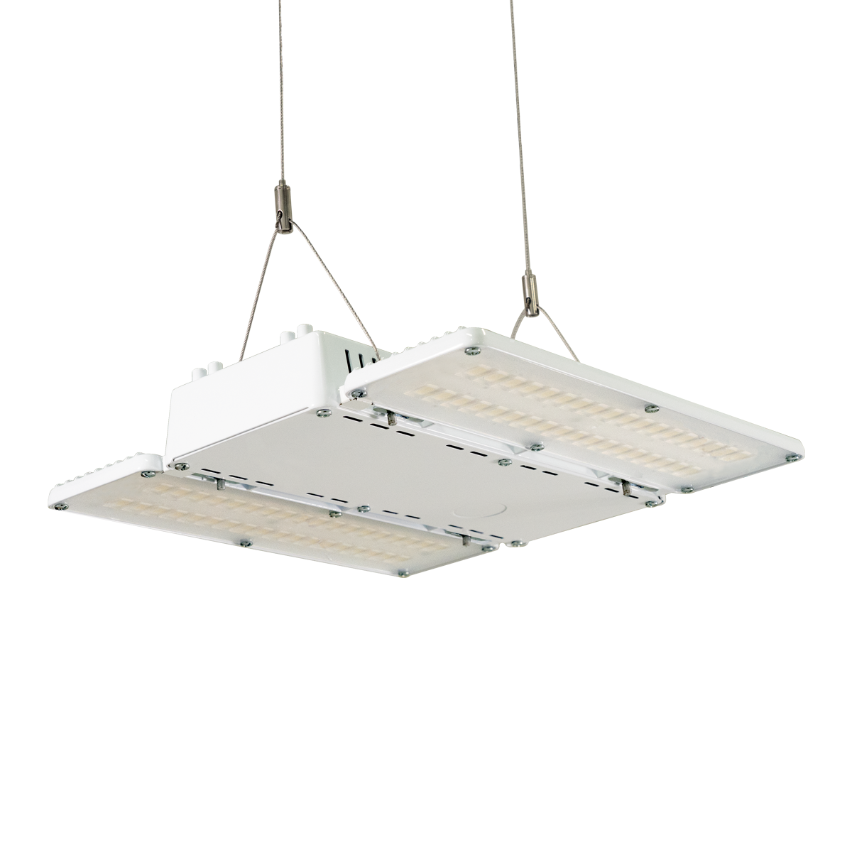 Linear LED Low Bay 90W commercial lighting fixture with three-panel design suspended by cables for warehouses and retail spaces