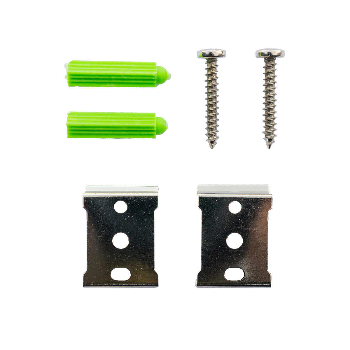 Surface Installation Kit Continuous Run showing screws, green wall anchors, and two metal mounting brackets on white background