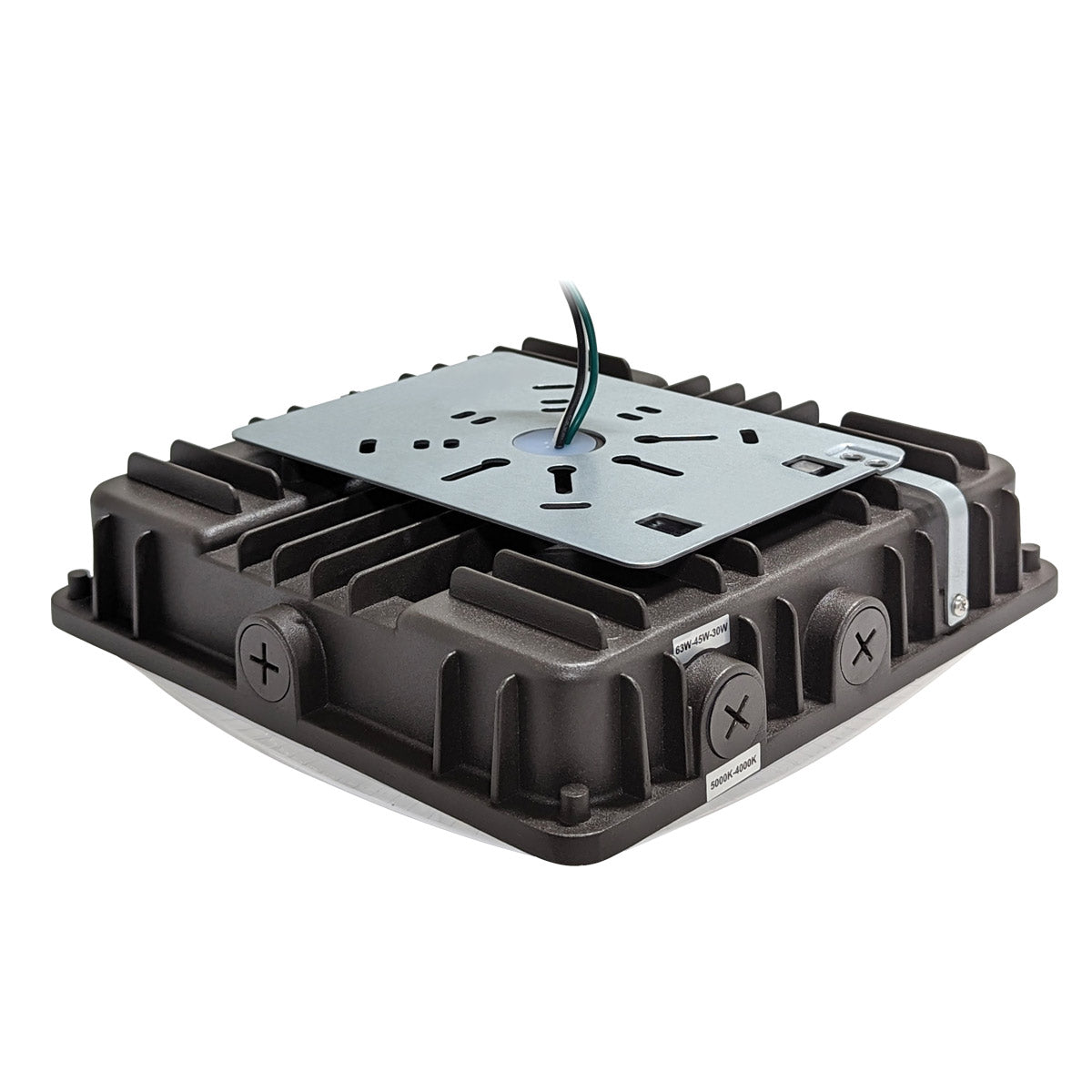 LED Canopy Light 2 CCT 63 45 30W showing mounting plate and wire connections for installation flexibility
