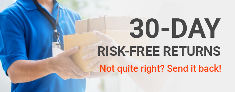 Person in blue uniform holding cardboard boxes with 30-day risk-free returns message in background