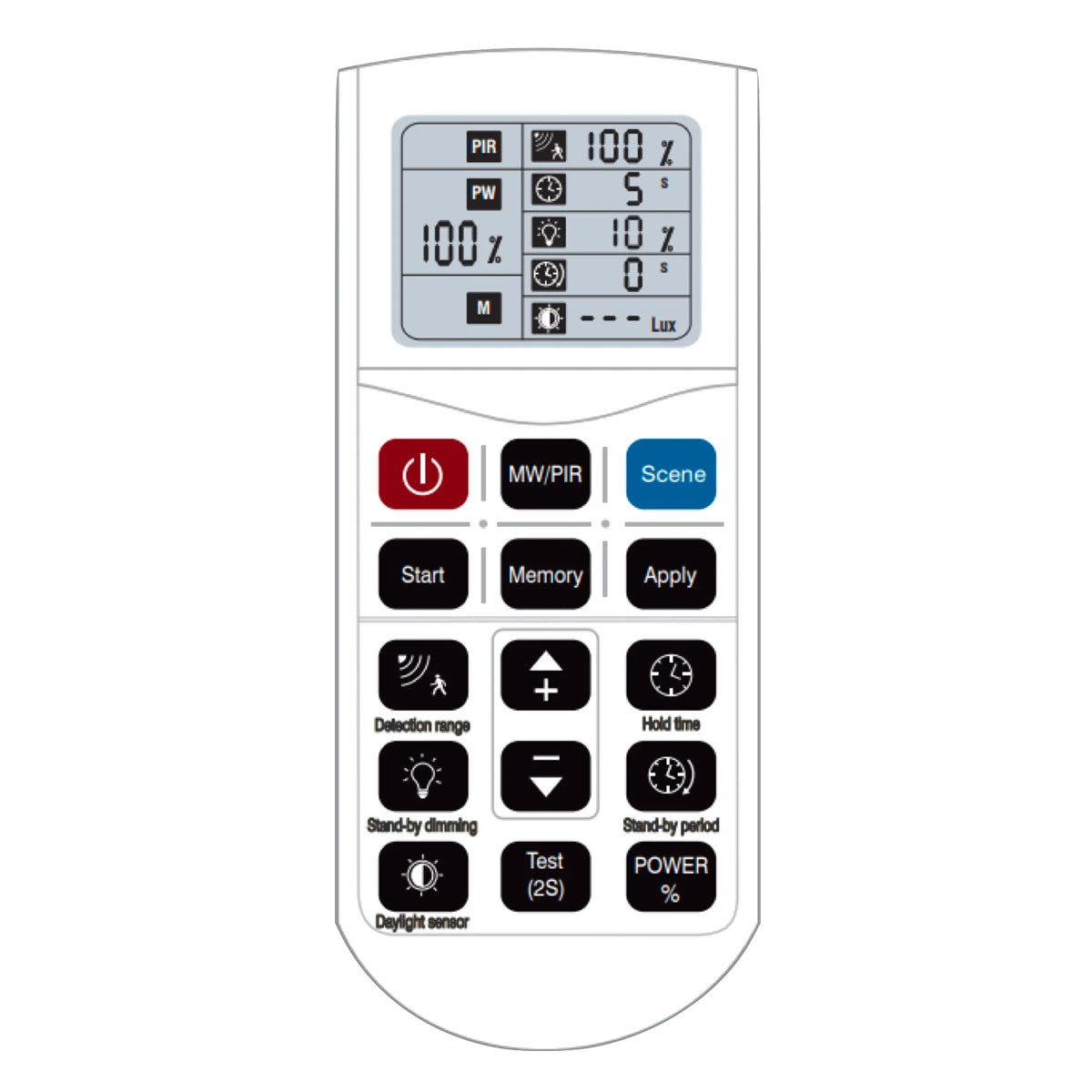 Remote Controller for Bilevel Daylight Harvesting Microwave Sensor with display and multiple control buttons for sensor settings