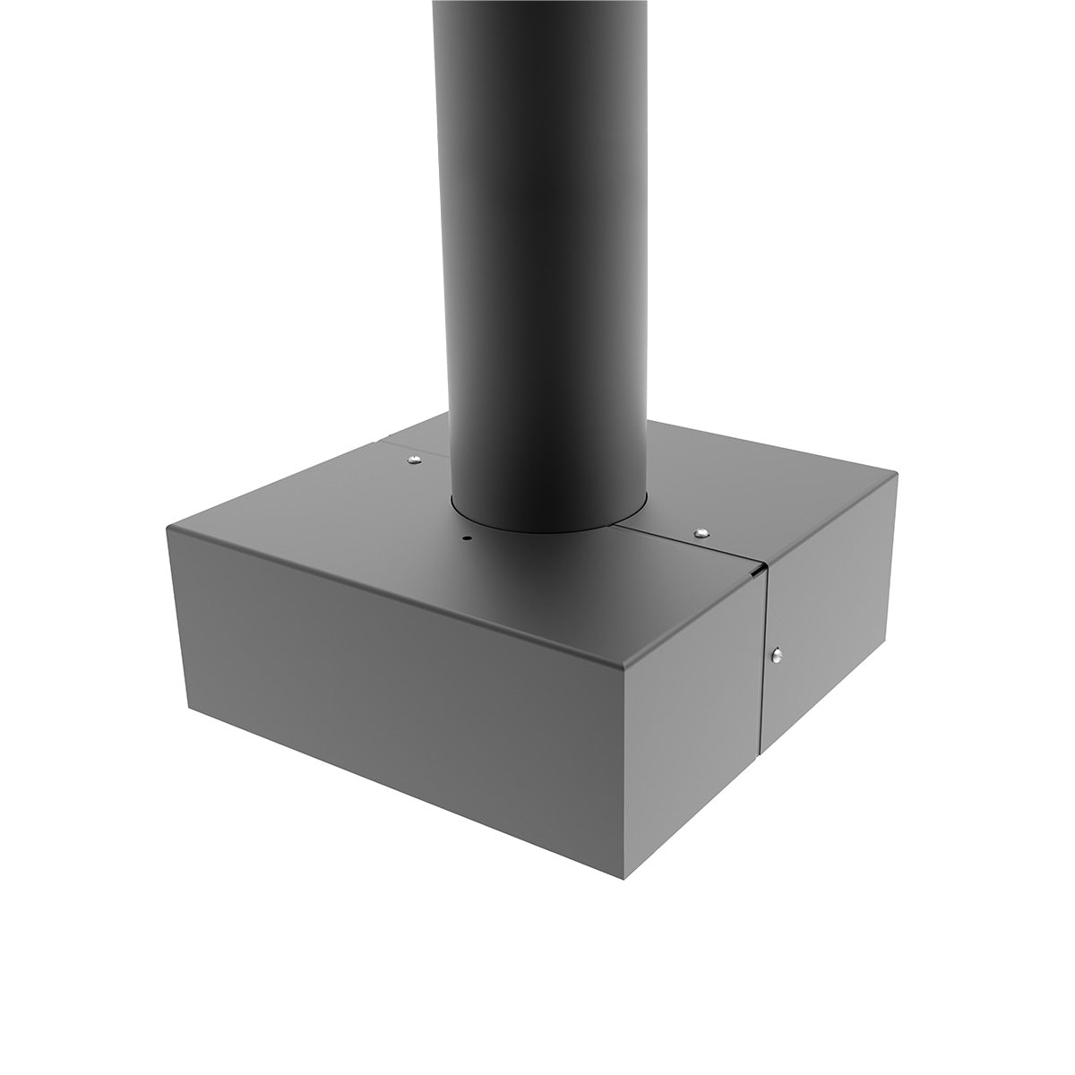 Base plate and lower section of a dark bronze round steel light pole 4 inch diameter for outdoor lighting support