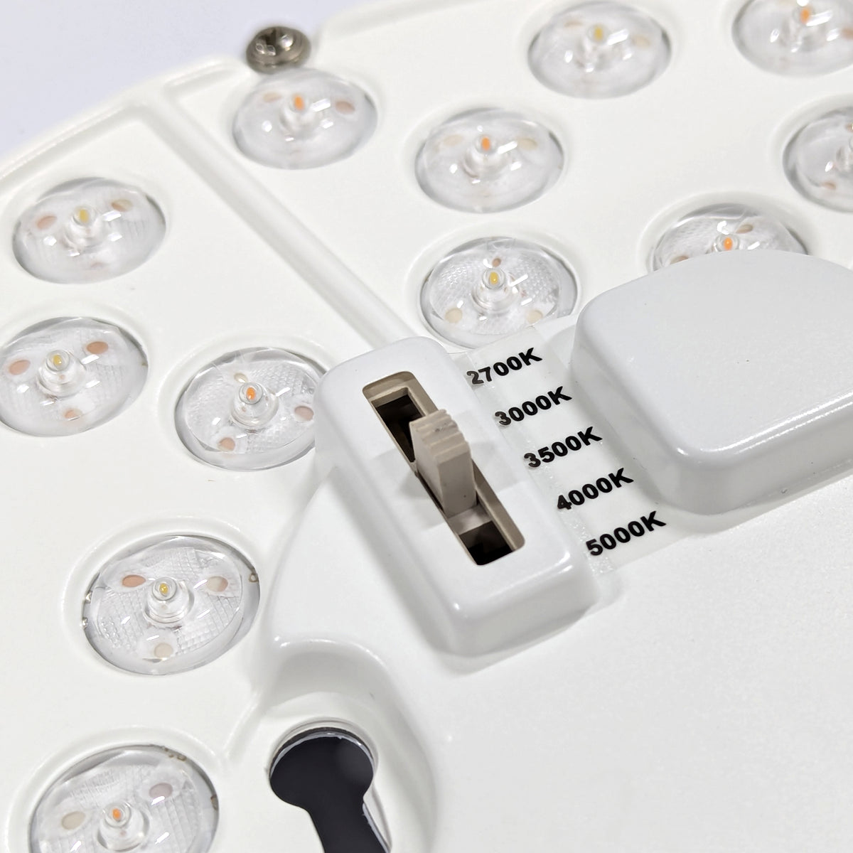 Close-up of 13" Single Ring LED Ceiling Light 5-CCT 16W color temperature adjustment switch and LED bulbs detail