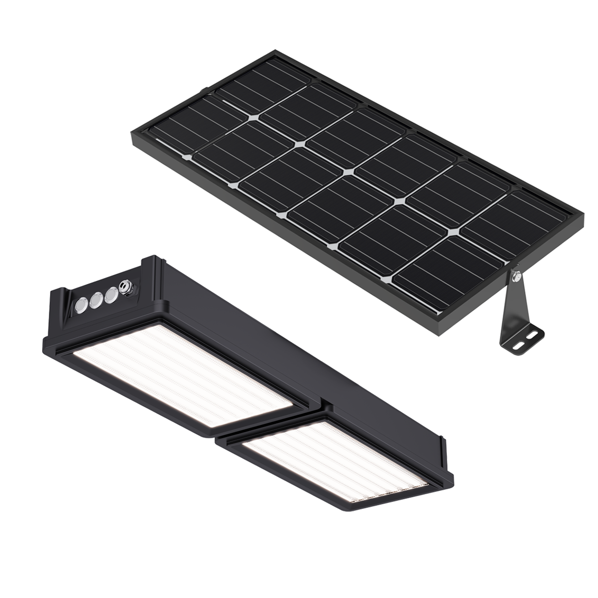 Solar LED Canopy Light with Bi-Facial Solar Panel featuring dual light panels and adjustable mounting bracket