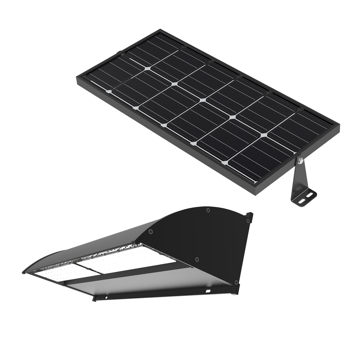 Solar LED Wall Pack Light with Bi-Facial Solar Panel featuring adjustable wattage and vandal-proof housing