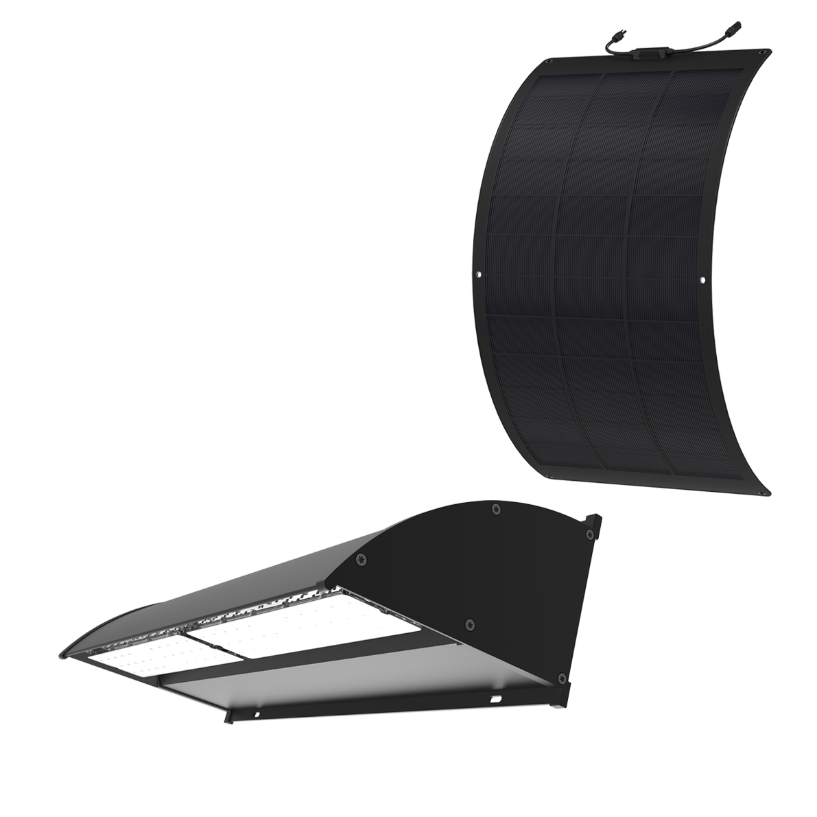 Solar LED Wall Pack Light with flexible curved solar panel for lightweight and curved surface mounting