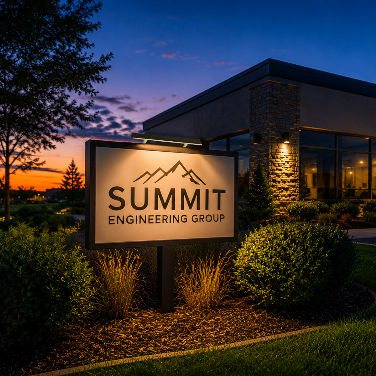 A large illuminated sign reading 'SUMMIT ENGINEERING GROUP' with a mountain logo, placed outdoors in a landscaped area in front of a modern building at dusk. Sign illuminated by a solar sign light.
