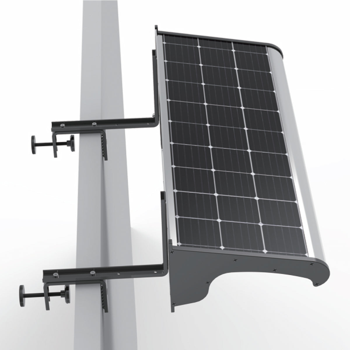 A wall-mounted solar sign light fixture with a black photovoltaic panel, silver metal frame, and black mounting brackets attached to a sign top, shown against a white background.