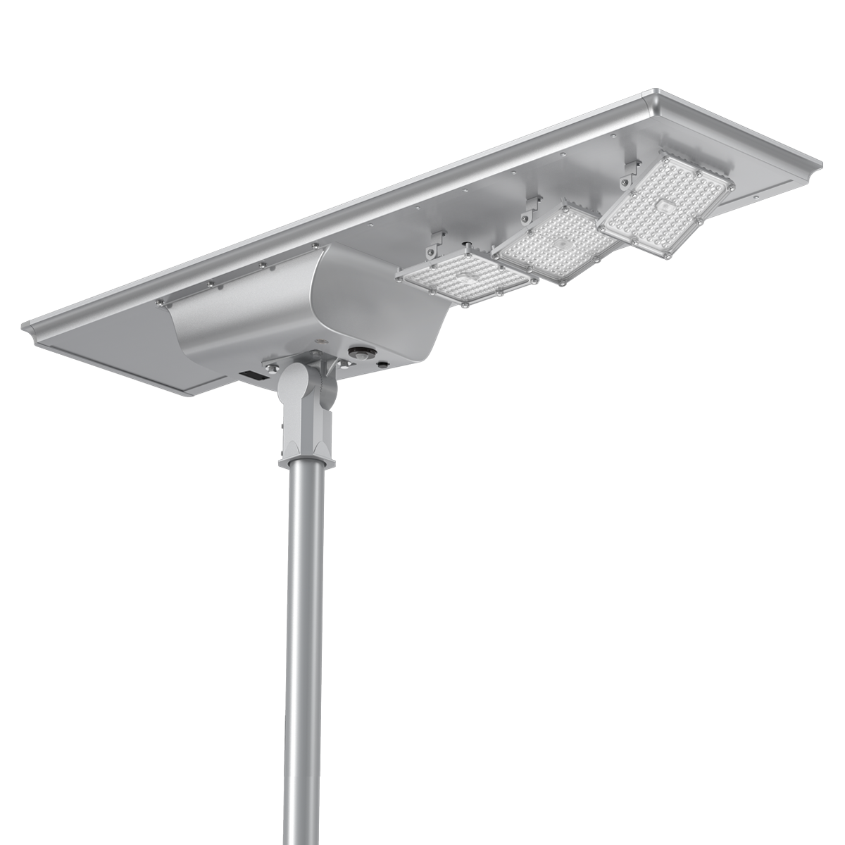 Solar LED Area Light with Tiltable Lenses - 100W mounted on pole with adjustable lenses and solar panel for efficient lighting.