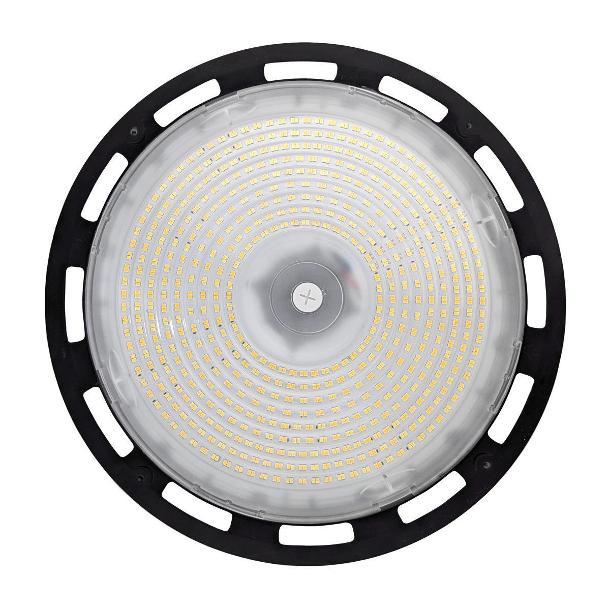 Top view of UFO LED High Bay 3–CCT light featuring adjustable wattage and rotatable lens for versatile high-ceiling illumination