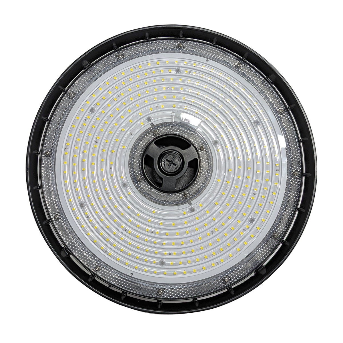 Top view of UFO LED High Bay light featuring circular LED array and black outer casing for industrial illumination